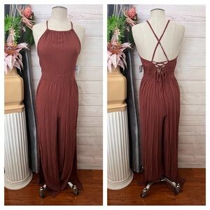A1-- NWT brown O'NEILL spaghetti strap crepe side slit jumpsuit MEDIUM $62